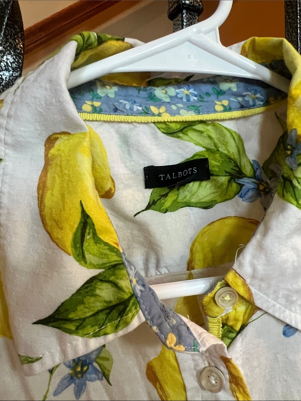 Talbots Women's Lemon Print Button-Front Blouse - White/Yellow/Green - Picture 4 of 11
